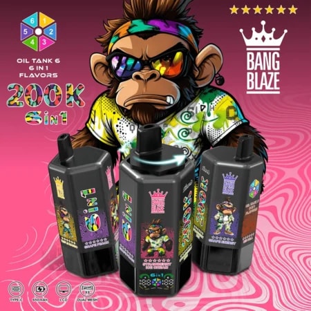 Un mono de dibujos animados con una colorida diadema de arcoíris y gafas de sol está detrás de cinco tanques de vapeo negros sobre un fondo de remolino rosa.
