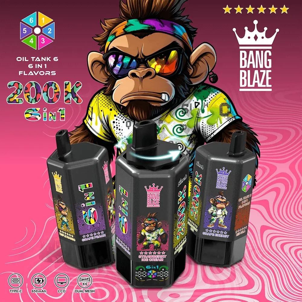 Cartoon monkey with a colorful rainbow headband and sunglasses stands behind five black vape tanks on a pink swirl background.
