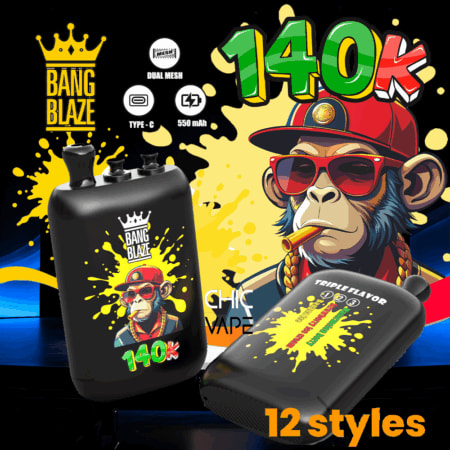 Mod de vapeo Bang Blaze negro con salpicaduras de pintura amarilla y etiqueta de 140k, al lado de un vapeo estilo cápsula; Se muestran 12 estilos.