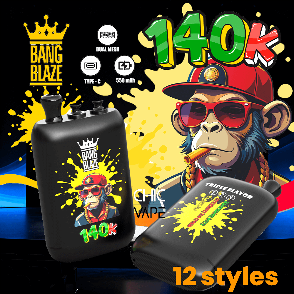 Black Bang Blaze vape mod with yellow paint-splatter and 140k label, beside a pod-style vape; 12 styles shown.
