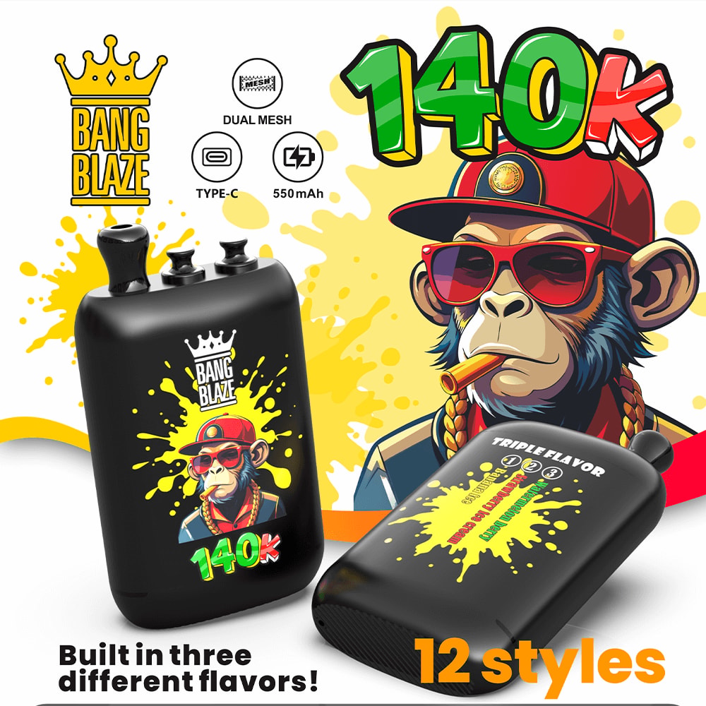 Black Bang Blaze disposable vape with yellow splash background and cartoon monkey, advertising 12 styles and 140k puffs.