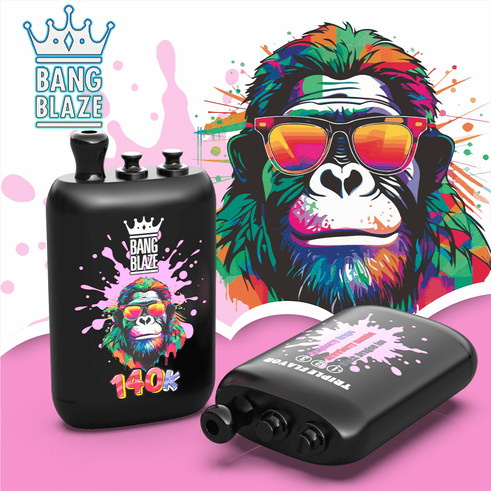 Black Bang Blaze device and case featuring a vivid multi-colored monkey in sunglasses and a crown with pink splash accents