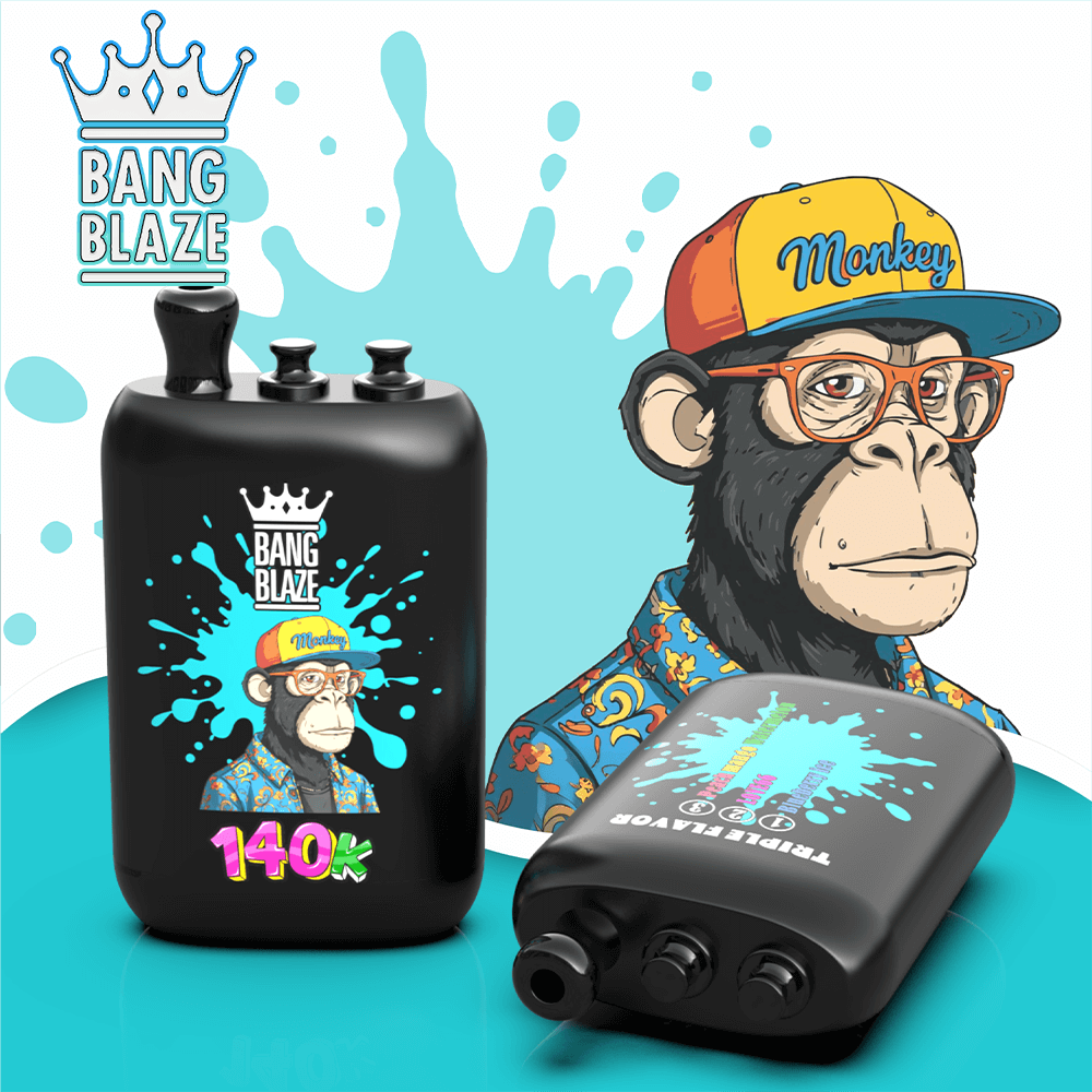 Black Bang Blaze vape bottle with turquoise splash, featuring a cartoon monkey in a yellow cap and Hawaiian shirt, beside a tilted gray device.