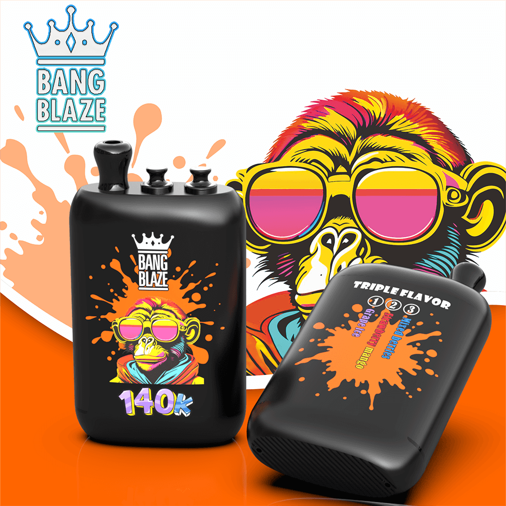 Two black vape mods with orange splash graphics feature a colorful monkey wearing pink sunglasses; Bang Blaze logo visible.