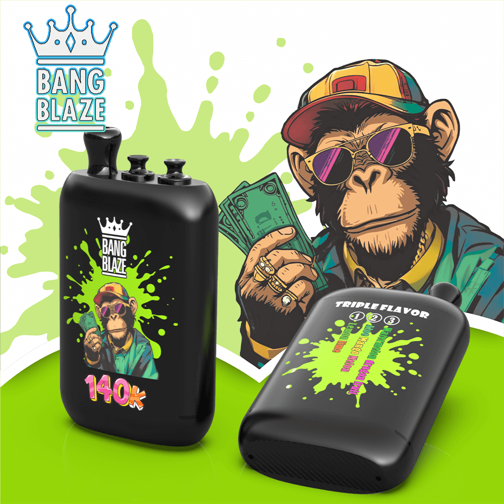 Cartoon monkey wearing a cap and sunglasses holds cash beside two black vape devices with lime-green splatter and Bang Blaze branding.
