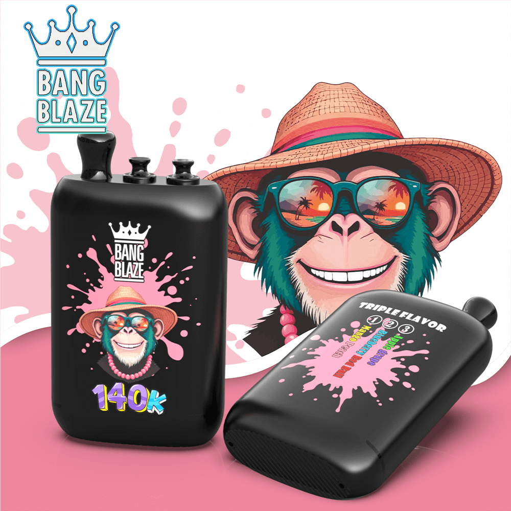 Two Bang Blaze devices with pink splash graphics on black, tall unit with top knobs and crown logo, curved pocket device.