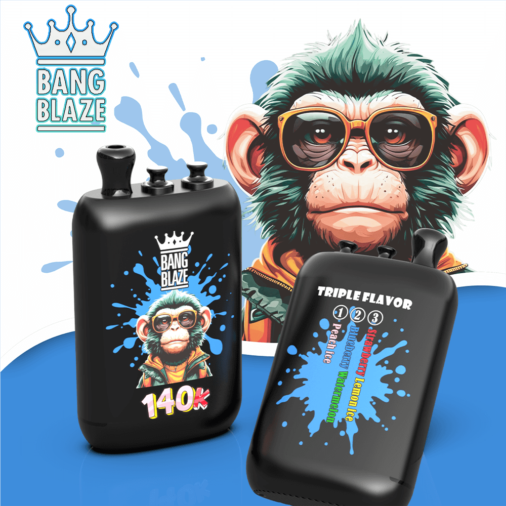 Two black Bang Blaze bottles with blue splash graphics and a cartoon monkey, one labeled 140K and the other promoting Triple Flavor.