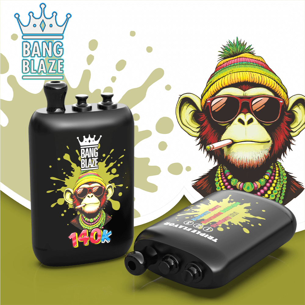 Two black Bang Blaze bottles with a colorful monkey graphic; upright shows 140K, a blurred monkey portrait behind a paint-splash backdrop.