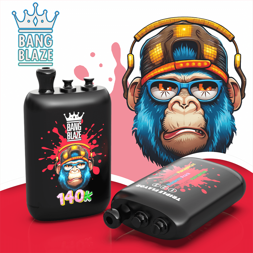 Two black Bang Blaze bottles with red splashes and a blurred portrait, set against a crown logo and DJ headset.