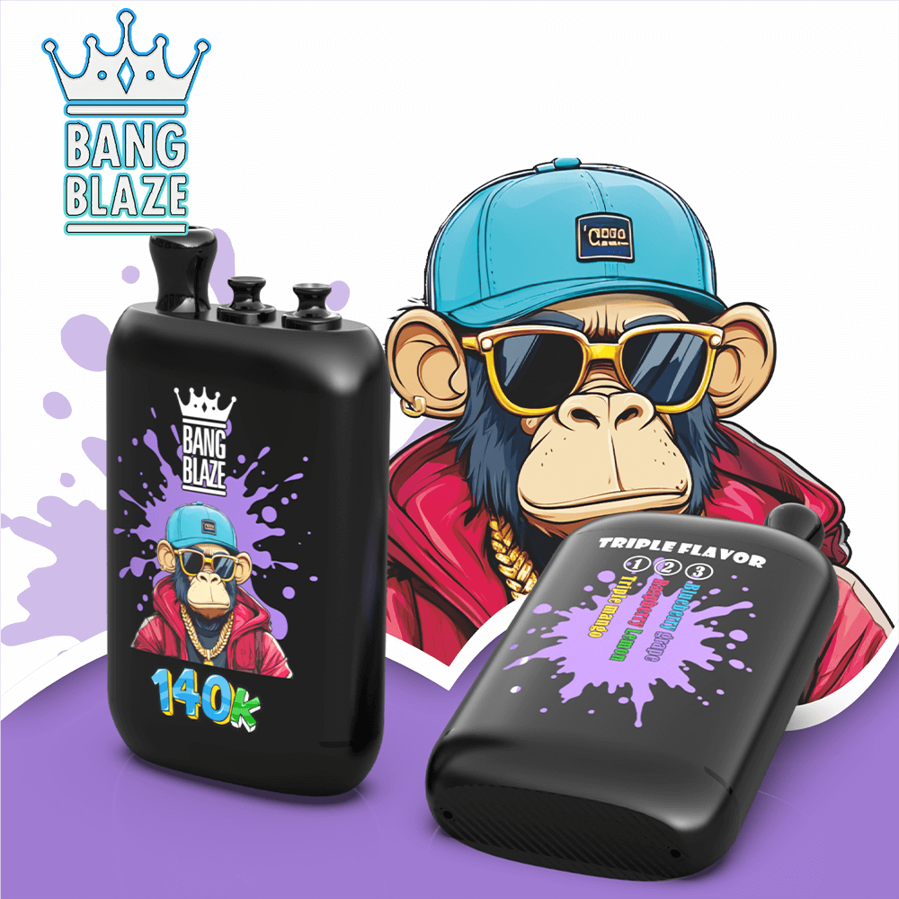 Two black vape devices with purple splashes and a cartoon monkey in a blue cap and sunglasses; Bang Blaze branding is visible.