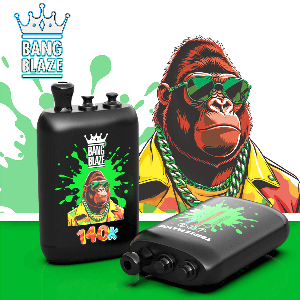 Cartoon gorilla in a yellow jacket with a green chain and sunglasses beside black Bang Blaze bottles with paint splatters.