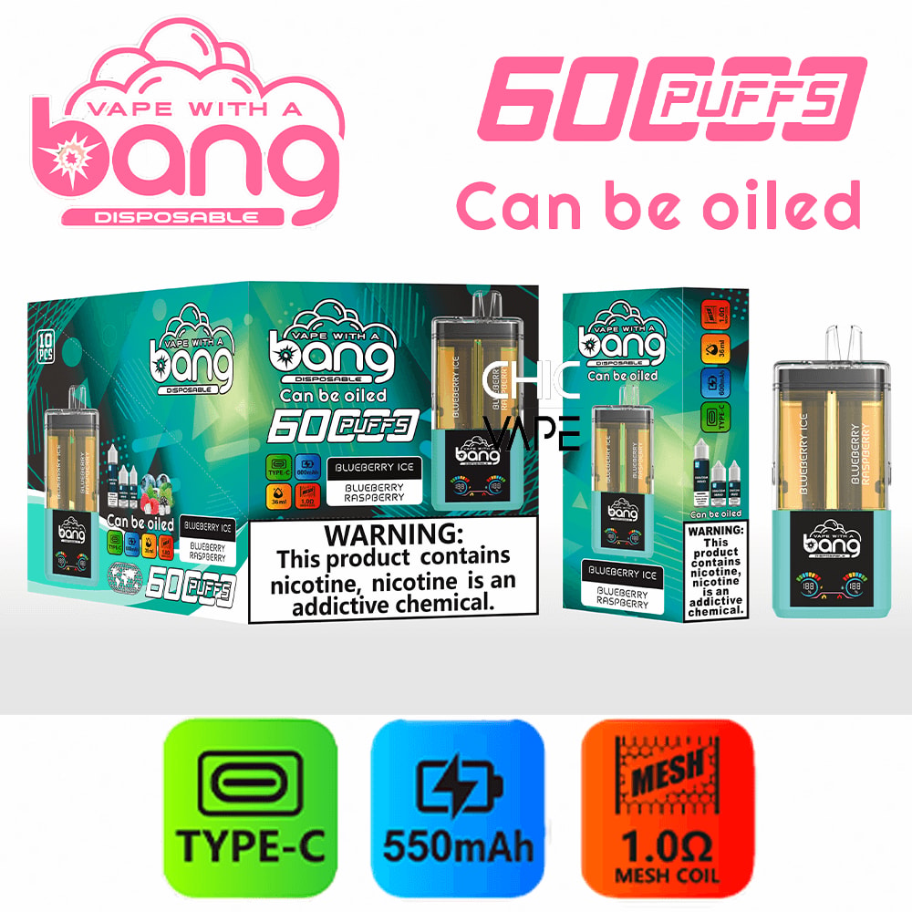Bang disposable vape package and device with teal packaging, blueberry ice flavor, and icons for Type-C charging, 550mAh battery, and 1.0Ω mesh coil.
