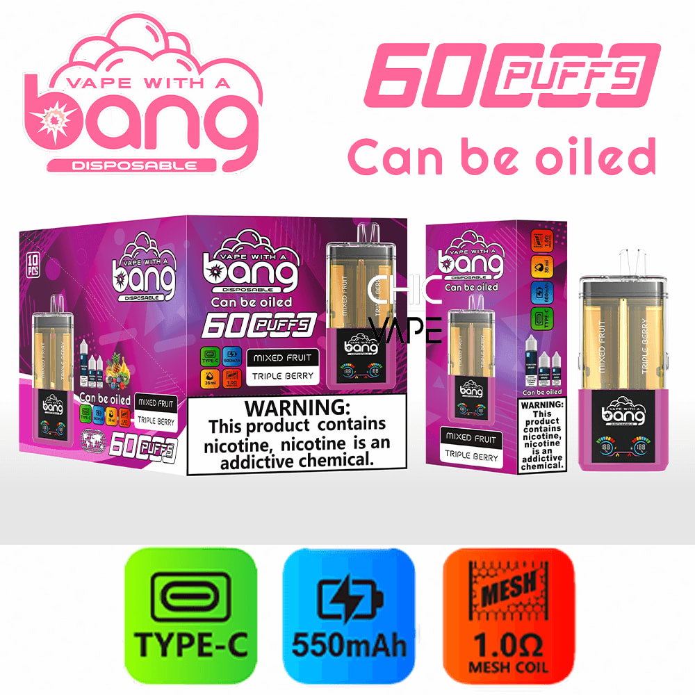 Pink-purple Vape with a Bang disposable kit in packaging showing 60 puffs, with devices and boxed sets.