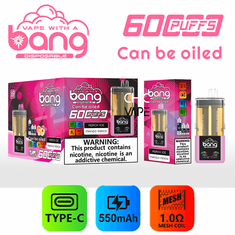 Vape with a Bang pink disposable vape kit box set featuring 60 puffs, Can be oiled, and icons for Type-C, 550mAh, and 1.0Ω mesh coil.