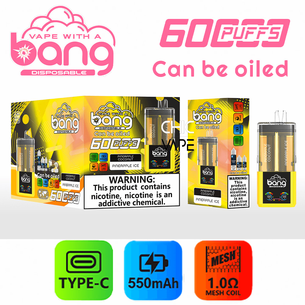 Bang disposable vape pack with pink cloud logo, yellow-black boxes, and a compact device; text reads 60 puffs Can be oiled.