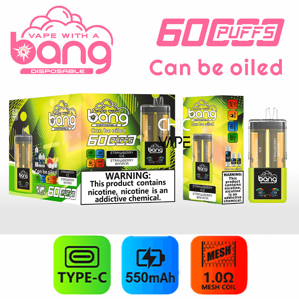 Bright Bang disposable vape packaging with neon artwork, pink logo, 60 Puffs, and icons for Type-C, 550mAh, 1.0Ω mesh coil