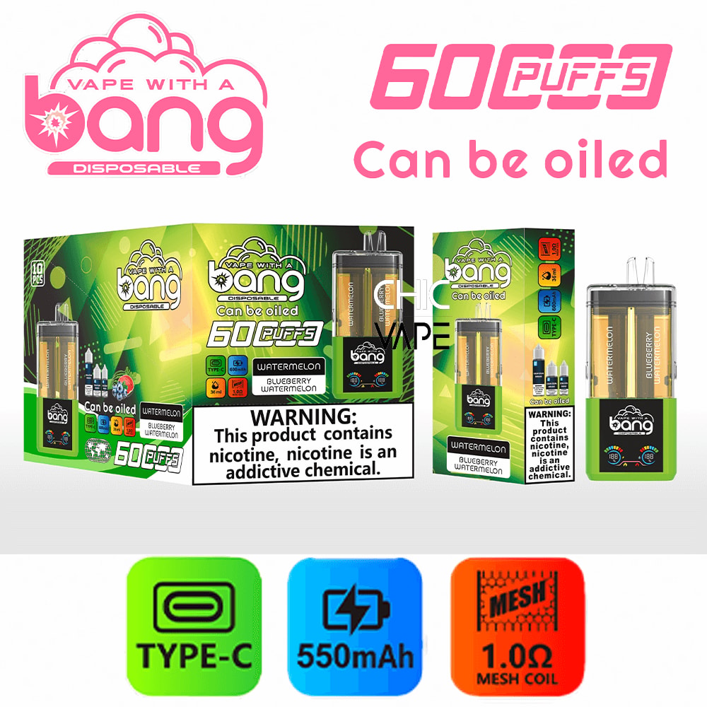 Bang disposable vape kit with 60 puffs, can be oiled; green packaging shows watermelon flavor and warning label; Type-C, 550mAh, 1.0Ω coil.