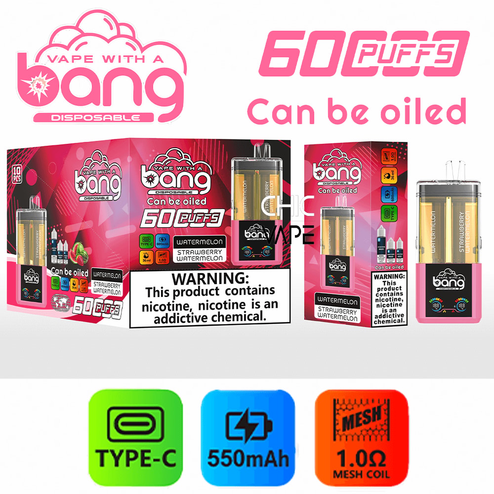 Vape with a Bang pink disposable packaging, 60 puffs, can be oiled, with Type-C, 550mAh, and 1.0Ω mesh coil icons.