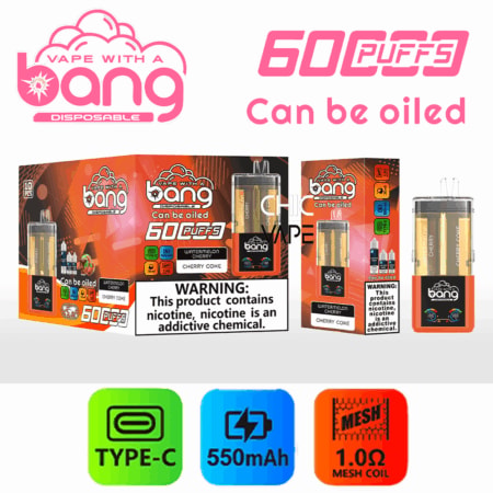 Bang engångsvapeförpackning med rosa logotyp och 60 puffar, plus Type-C, 550mAh och 1,0Ω mesh spoleikoner