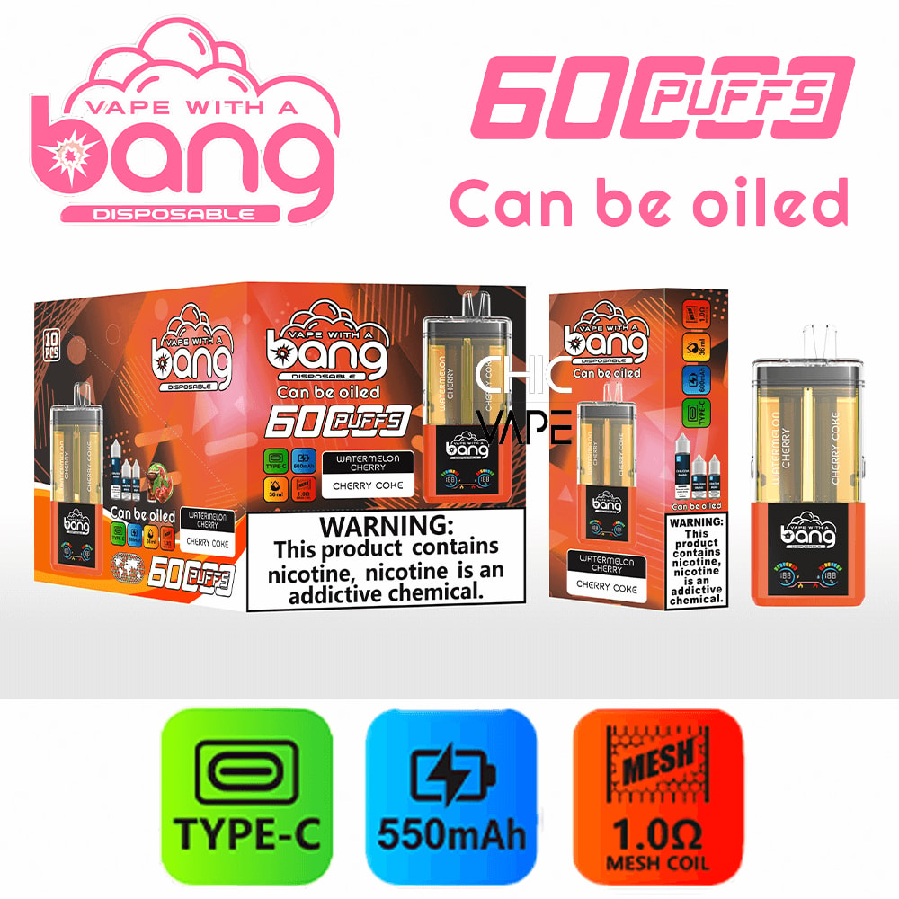 Bang disposable vape packaging with pink logo and 60 puffs, plus Type-C, 550mAh, and 1.0Ω mesh coil icons