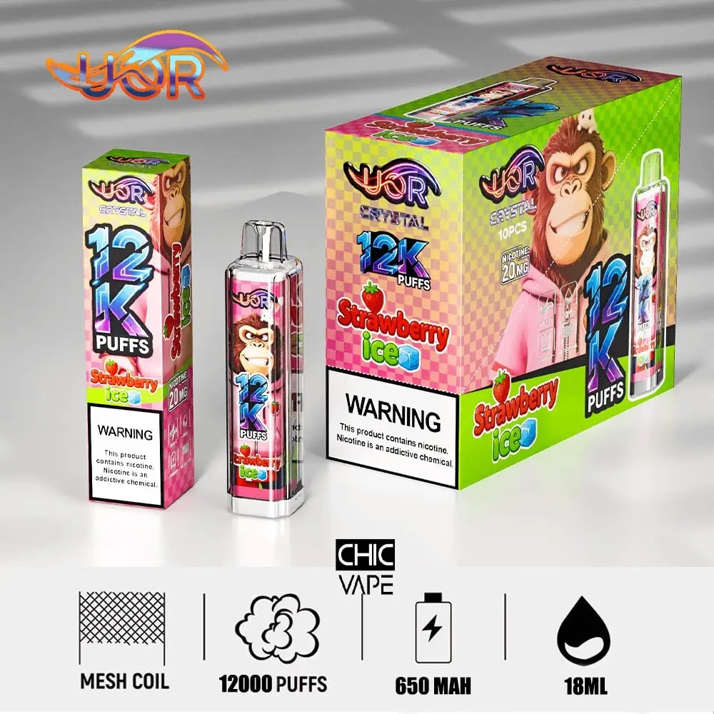 Colorful Chic Vape Strawberry Ice 12K Puffs disposable vape set featuring a cartoon monkey mascot and a clear bottle.