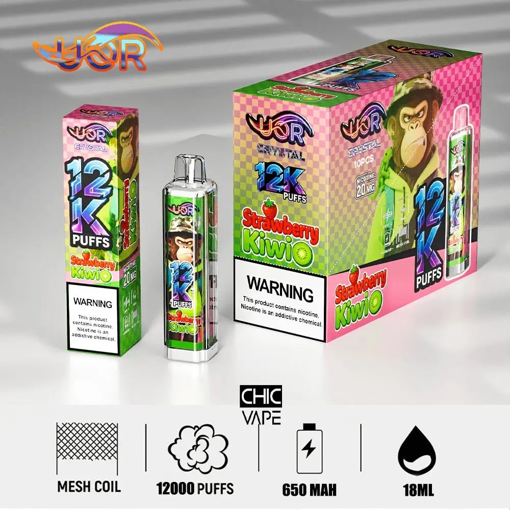 Strawberry Kiwi 12K Puffs disposable vape kit with bright checkerboard packaging; 650 mAh battery and 18 ml capacity.