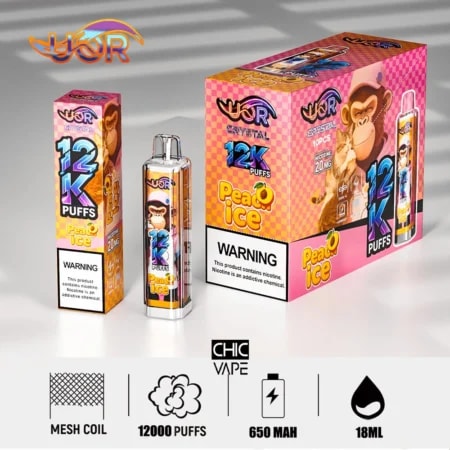 Colorful Peach Ice vape packaging showing 12K Puffs, a cartoon monkey, and a clear pod device in front.