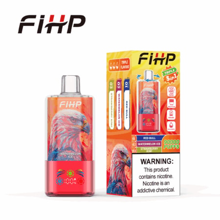 FIHP vape-enhet med färgglada örnkonstverk och rosa bas, visad bredvid en ljus box med tre smaker med en nikotinvarning.