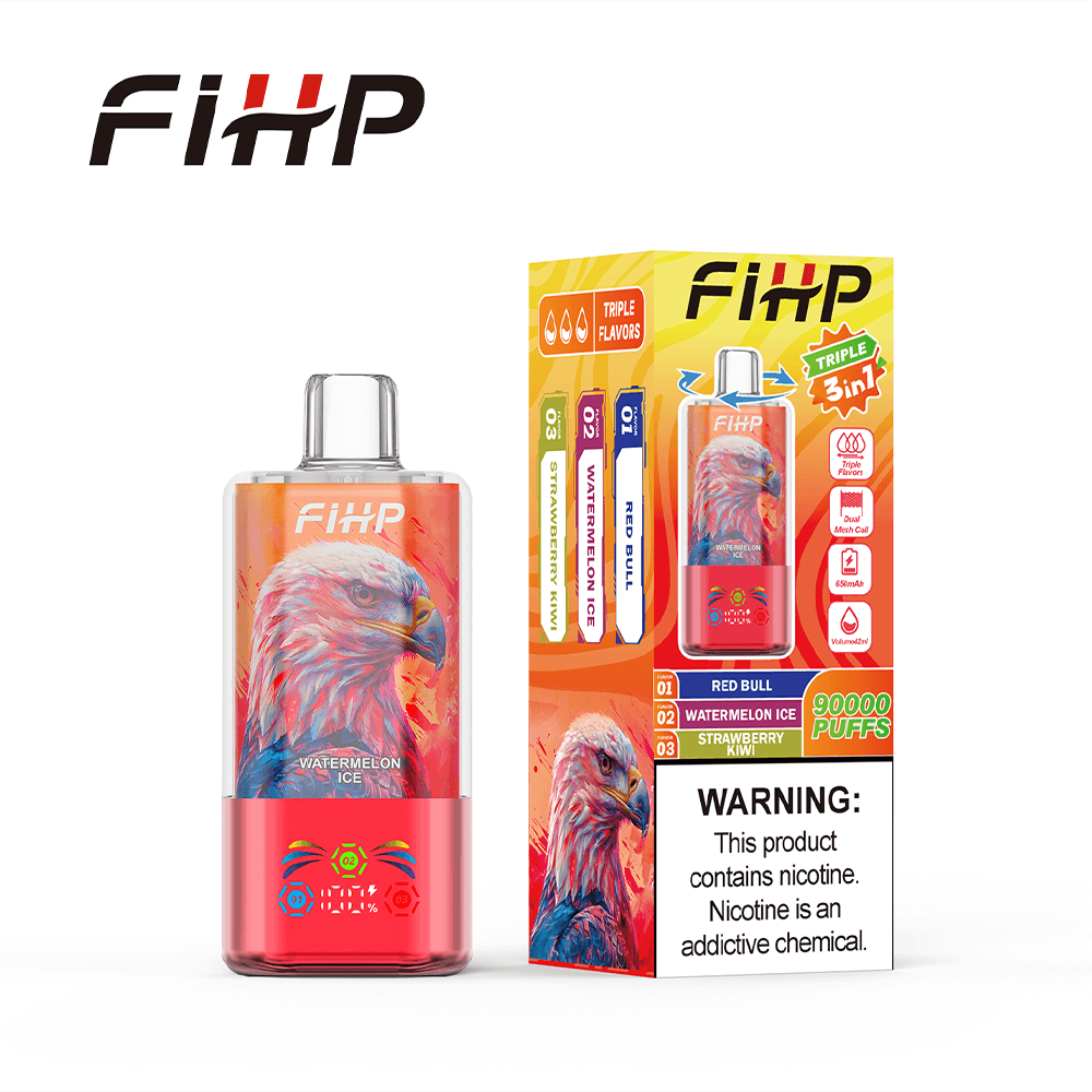 FIHP vape device featuring a colorful eagle artwork and pink base, shown beside a bright triple-flavor box with a nicotine warning.