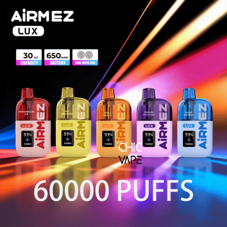 Cinque penne vaporizzate usa e getta AirmEZ Lux colorate su uno sfondo al neon, con capacità di 30 ml, batteria da 650 mAh, bobina a doppia rete.