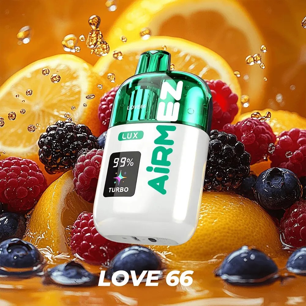 A white bottle with a green cap and turquoise lettering, displaying 99% Turbo on a black panel, surrounded by orange slices and mixed berries, with LOVE 66 at the bottom.