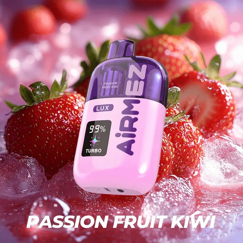Pink and purple AIRPEN vape device with a 99% Turbo display and Lux branding, flavor Passion Fruit Kiwi, among strawberries and ice.