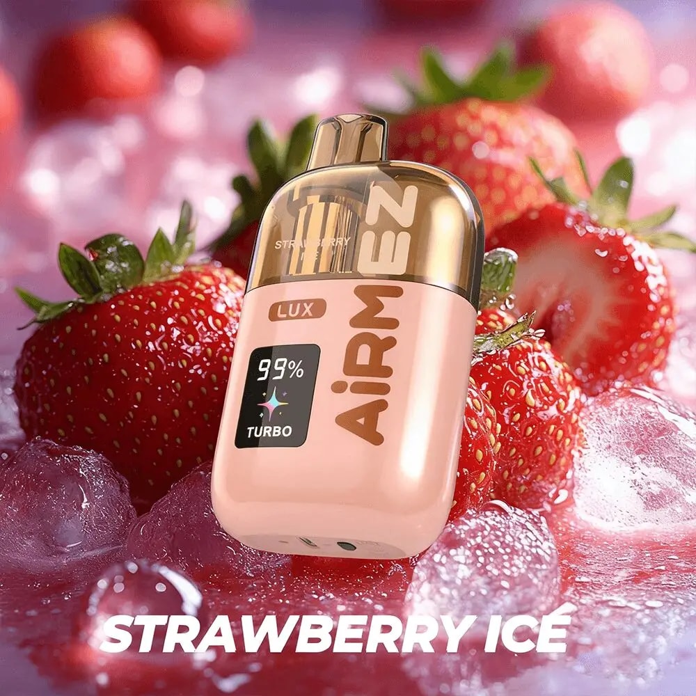Pink perfume bottle with a gold cap and a 99% Turbo display, set among strawberries and ice with STRAWBERRY ICE.