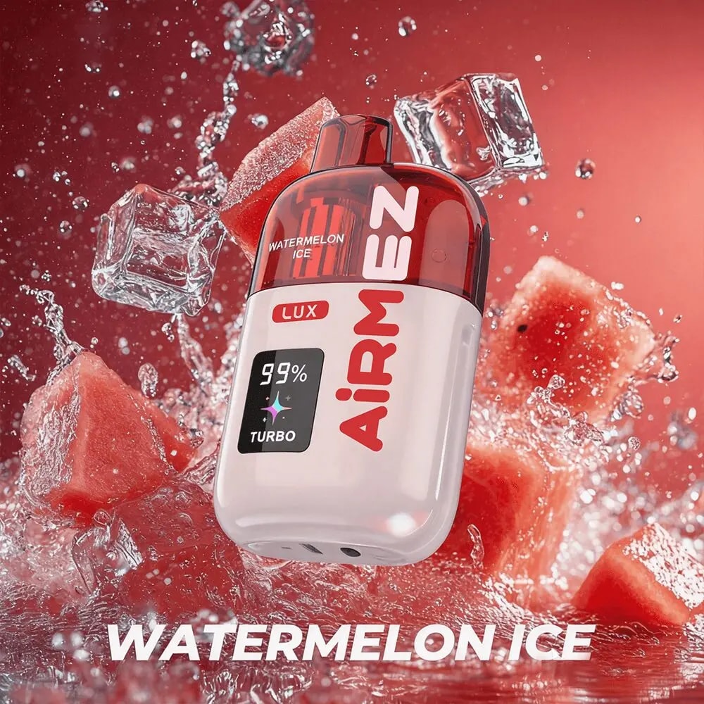 A red-and-white bottle labeled WATERMELON ICE with bold vertical AIRMEN text, set among ice cubes and chunks of watermelon.