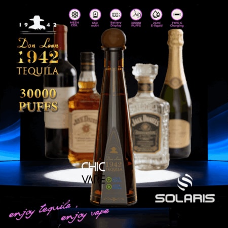 Front-and-center Don Leon 1942 tequila bottle with background liquor bottles and Solaris logo; promo text 30,000 PUFFS.