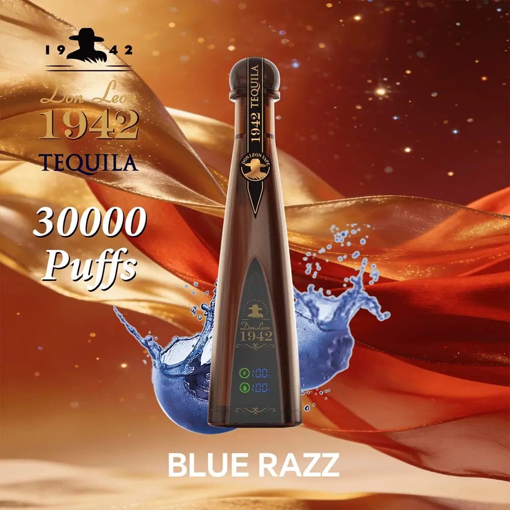 Tall Don Leon 1942 Tequila bottle with gold accents against an orange background; reads 30000 Puffs and BLUE RAZZ.