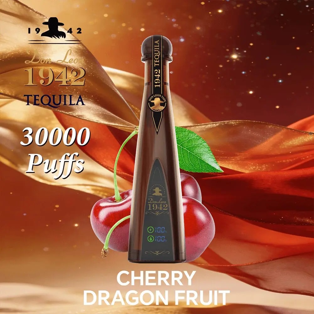Tall 1942 Tequila bottle with cherries and a green leaf, set against a gold ribbon background; Cherry Dragon Fruit flavor, 30000 Puffs.