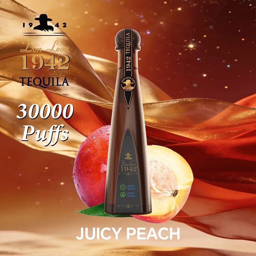 A tall dark bottle of Don Leon 1942 Tequila with peaches in the background and 30000 Puffs and Juicy Peach text.