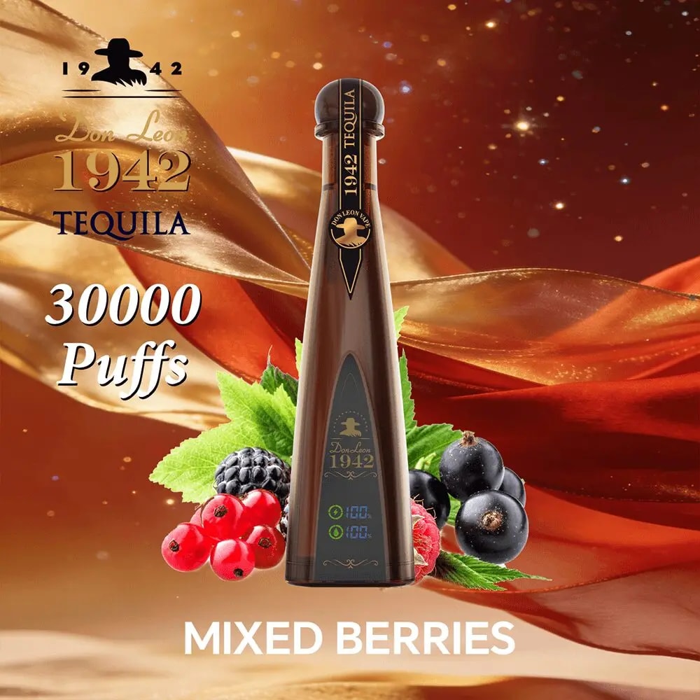 Tall Don Leon 1942 tequila bottle with label among mixed berries on an orange background; reads 30000 Puffs and MIXED BERRIES.
