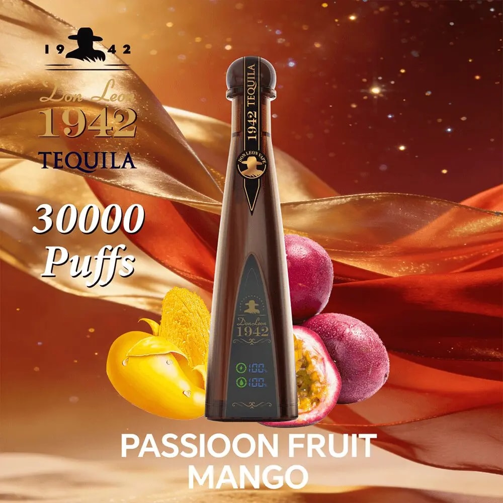 Tall dark Don Leon 1942 Tequila bottle centered among passion fruit and mango, with 30,000 puffs and Passion Fruit Mango text.