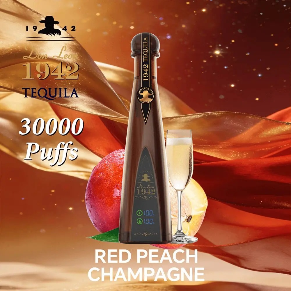Tall Don Leon 1942 Tequila bottle with a champagne glass beside it against a peach and gold backdrop; features 30000 Puffs and Red Peach Champagne.