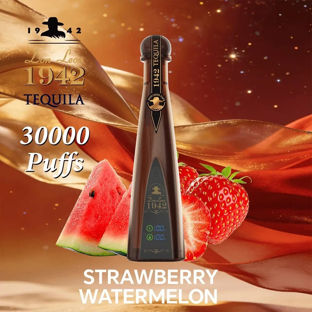 Tall dark bottle of Don Leon 1942 Tequila with watermelon and strawberry beside it, set against a golden swirling background.