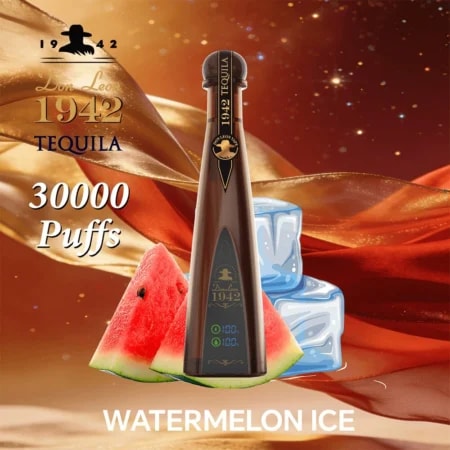 Tall Don Leon 1942 Tequila bottle labeled Watermelon Ice, with watermelon wedges and ice cubes beside it against a warm golden background.