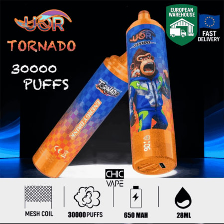 Tornado vape pens with gorilla artwork advertising 30,000 puffs; mesh coil, 650 mAh, 28 ml; CHIC VAPE.