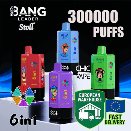 Coloridas botellas de jugo de vapeo Bang Leader 6 en 1 alineadas, con 300 000 inhalaciones y una insignia de almacén europeo.