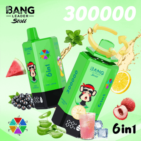 Dos botellas verdes 6 en 1 Bang Leader Stoll con logos de monos de dibujos animados, rodeadas de frutas sobre un fondo verde lima 300000