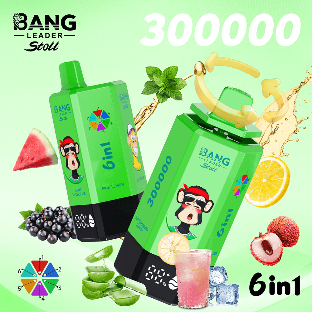 Two green 6in1 Bang Leader Stoll bottles with cartoon monkey logos, surrounded by fruit on a lime-green background 300000