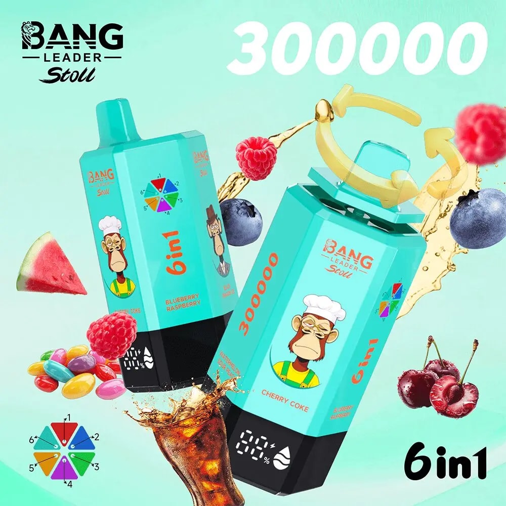 Two turquoise 6in1 juice boxes with a cartoon monkey chef, blueberry-raspberry and cherry coke flavors, splashing on mint.