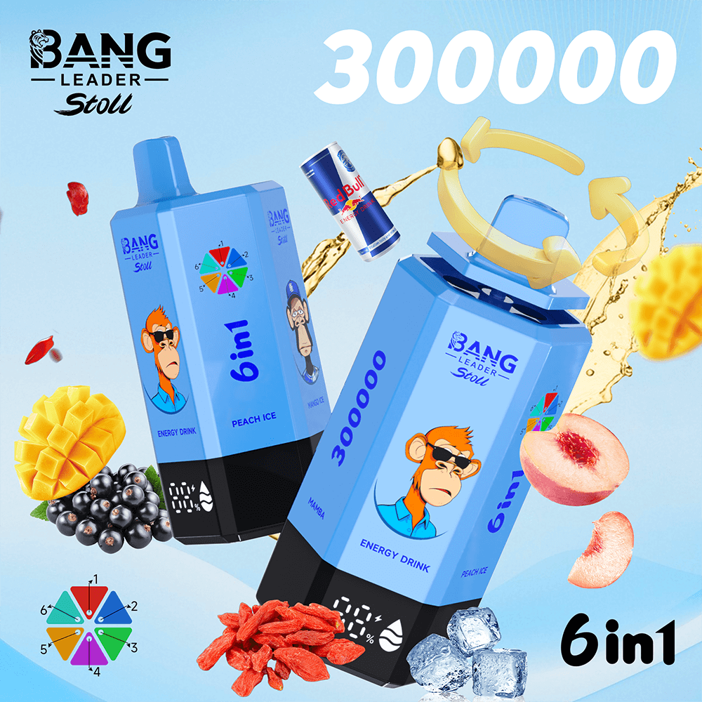 Two blue Bang Leader Stoll energy drink cartons with a monkey logo, a Red Bull can, fruit and ice on a blue background with 300000.