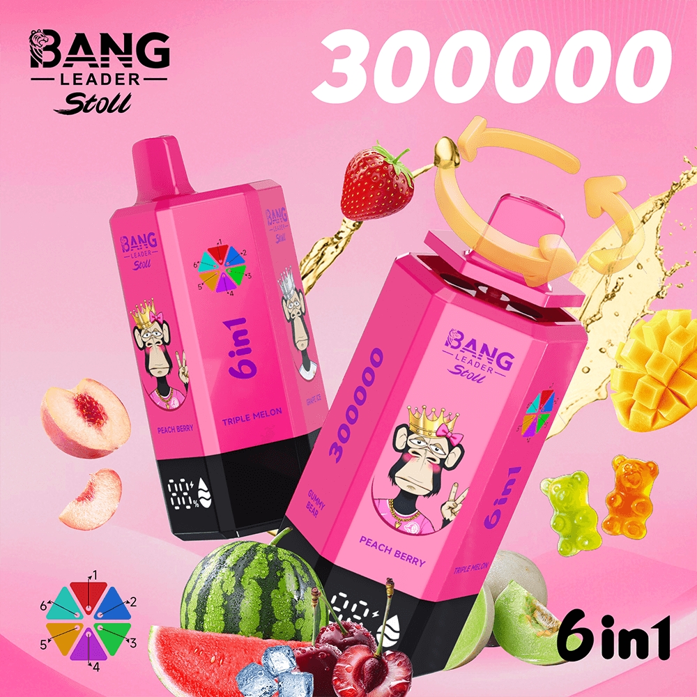Two pink 6in1 flavor cartons Peach Berry and Triple Melon with crowned-monkey logos and 300000 text on a pink background